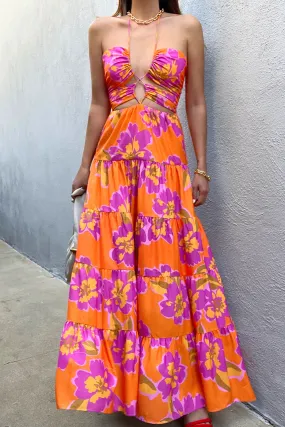 Orchids Maxi Dress - Orange Floral