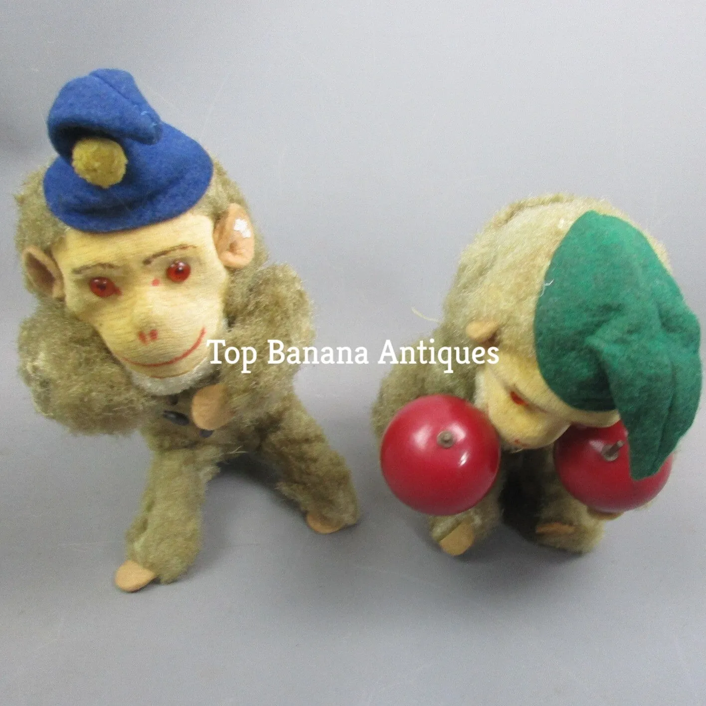 Pair Of German Wind Up Jolly Musical Monkey Toys Vintage Mid Century c1950