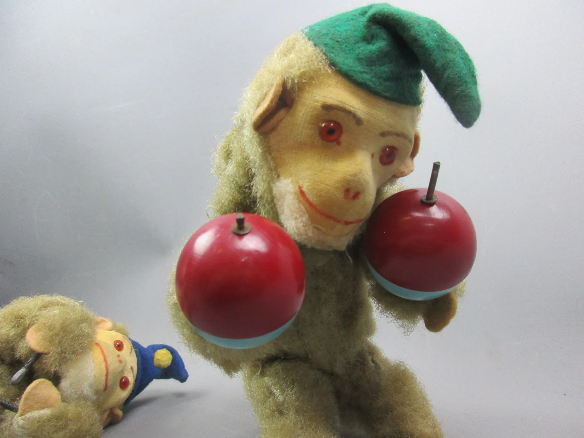 Pair Of German Wind Up Jolly Musical Monkey Toys Vintage Mid Century c1950