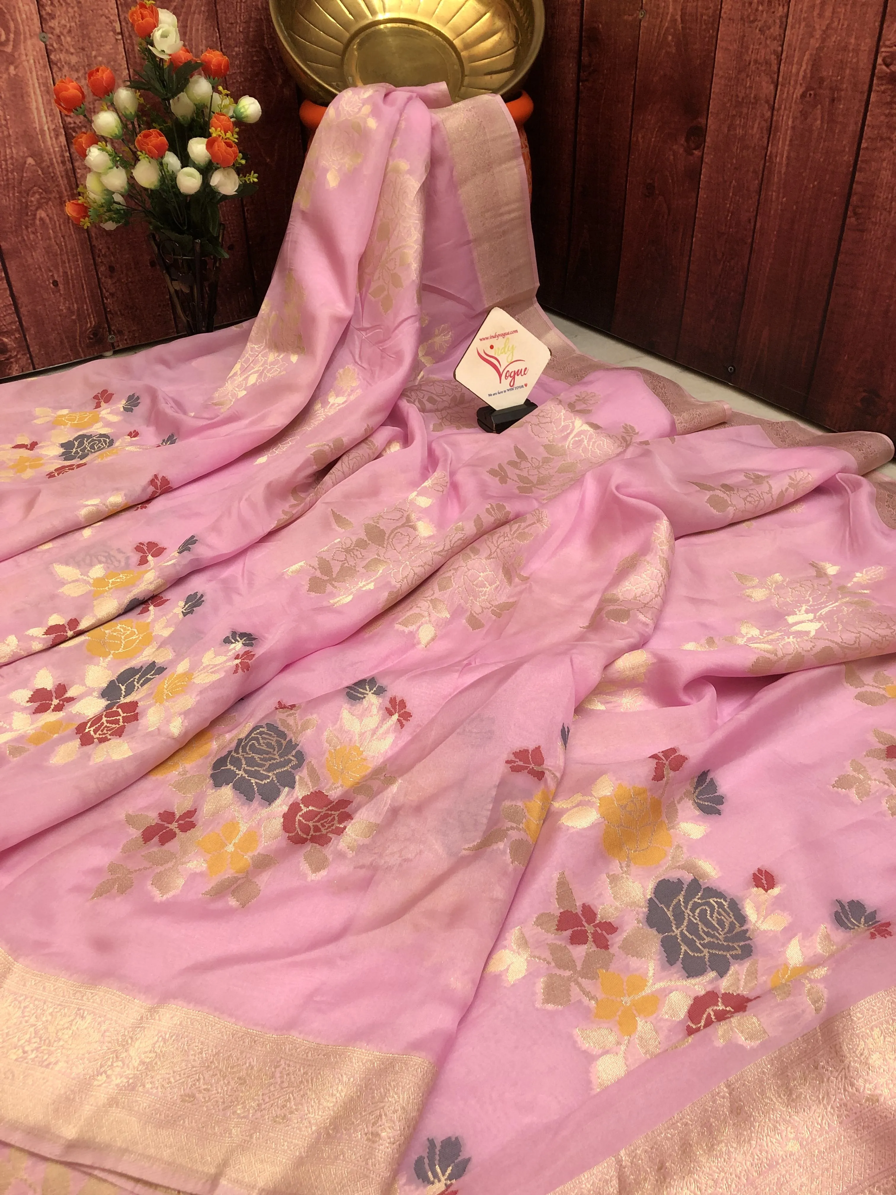 Pink Color Muga Banarasi Silk Saree