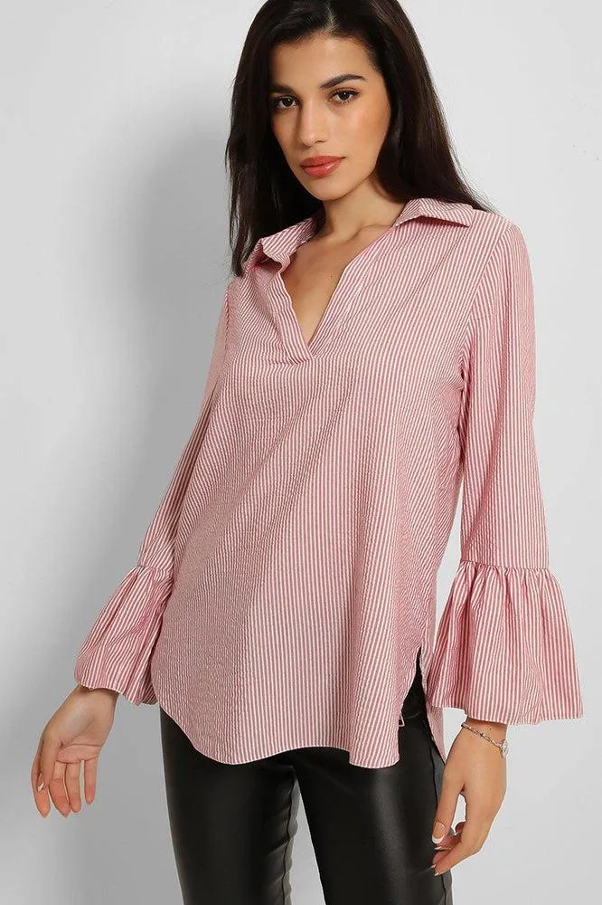 Pink Lurex Pinstripe Flute Sleeve Blouse