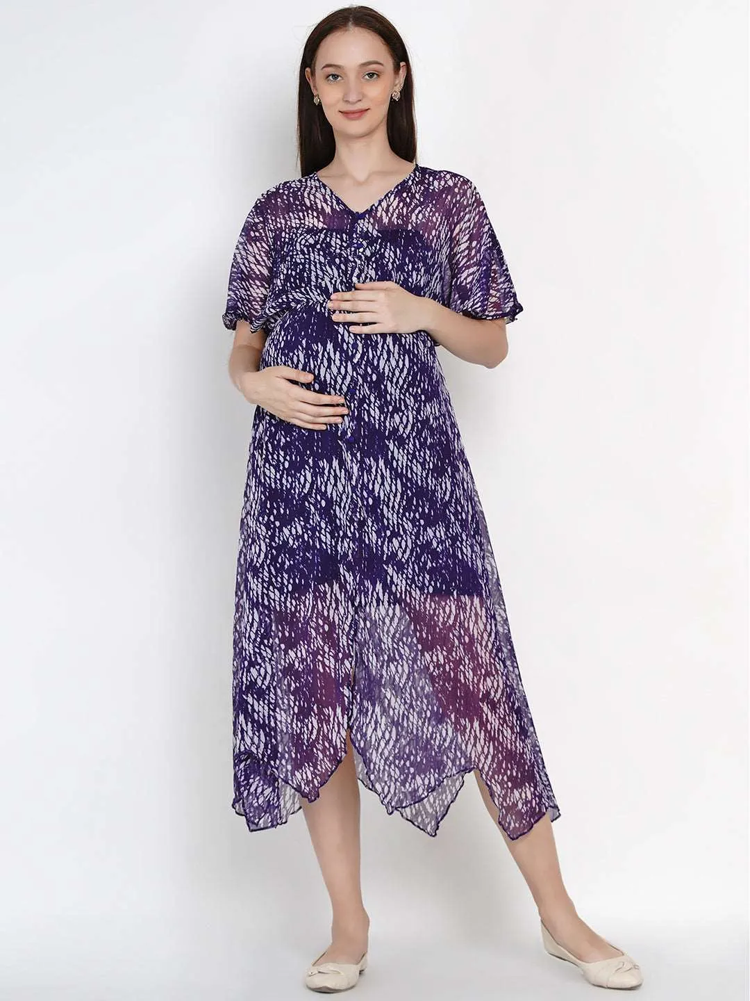 Purple Georgette Floral Print Maternity and Nursing Maxi Dress