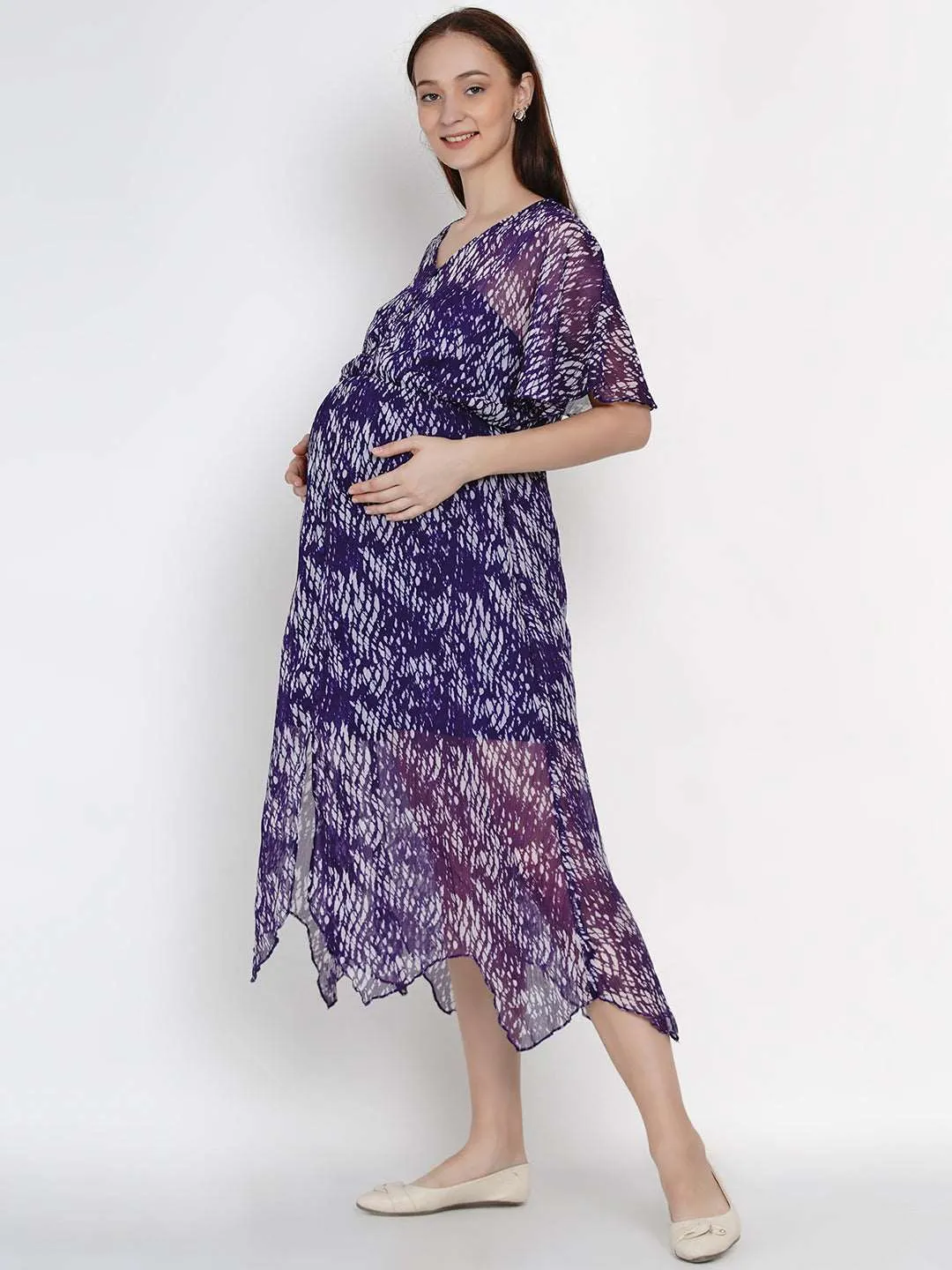 Purple Georgette Floral Print Maternity and Nursing Maxi Dress