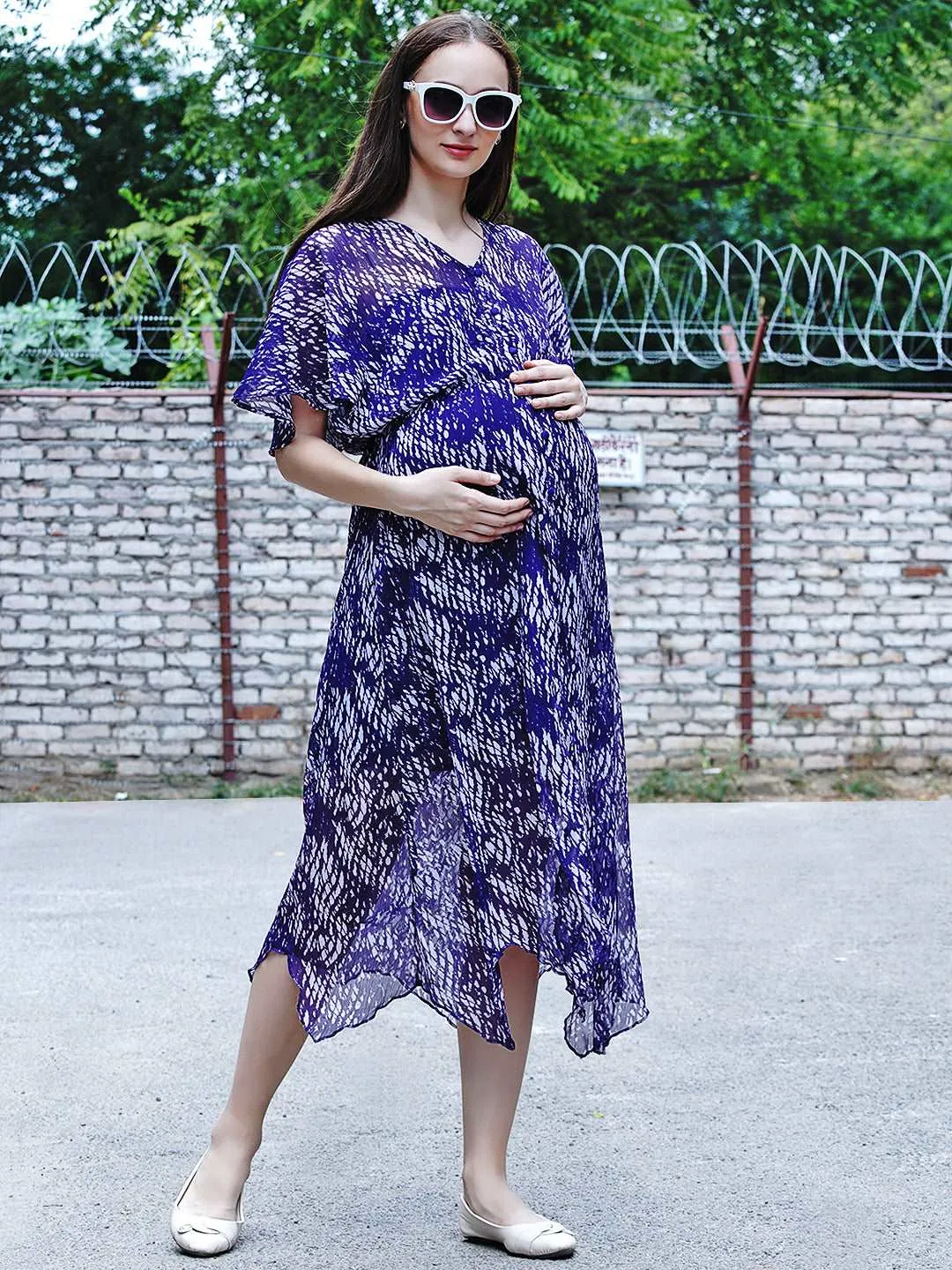 Purple Georgette Floral Print Maternity and Nursing Maxi Dress