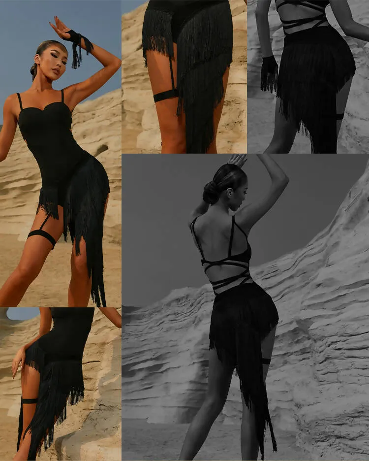 Radiant Black Fringe Latin Dance Set | 2326