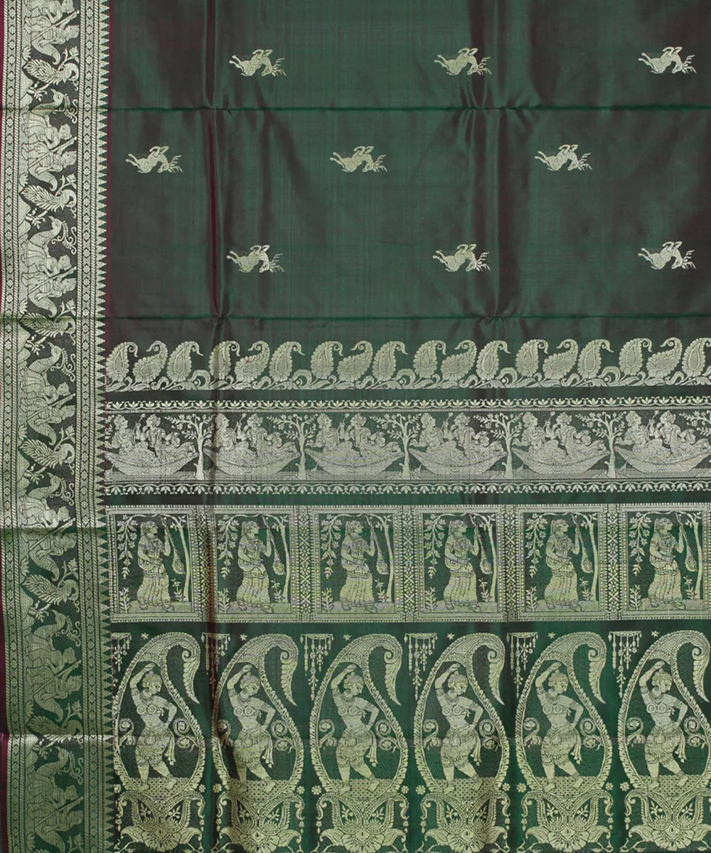 Rani green dual shaded baluchari handwoven silk saree