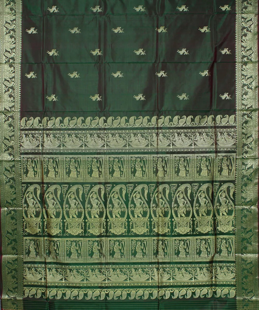 Rani green dual shaded baluchari handwoven silk saree