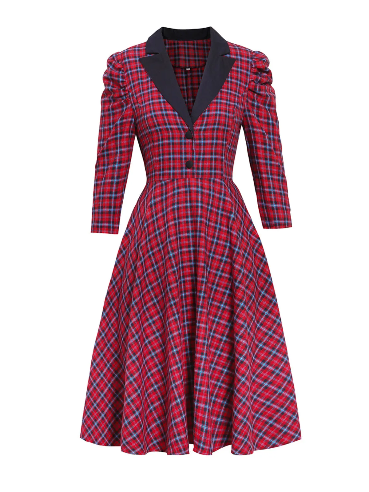 Red 1950s Plaid 3/4 Puff Sleeve Dress