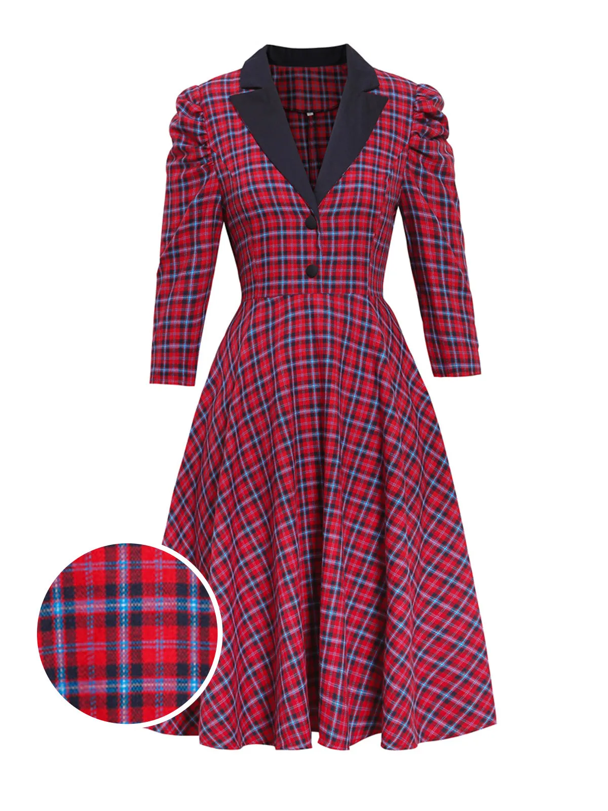 Red 1950s Plaid 3/4 Puff Sleeve Dress