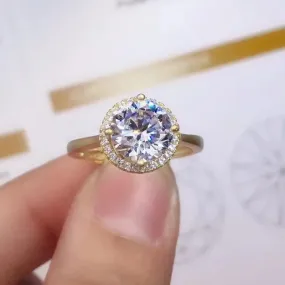 Resizable Yellow Gold Plated Silver Halo Moissanite Ring 2ct