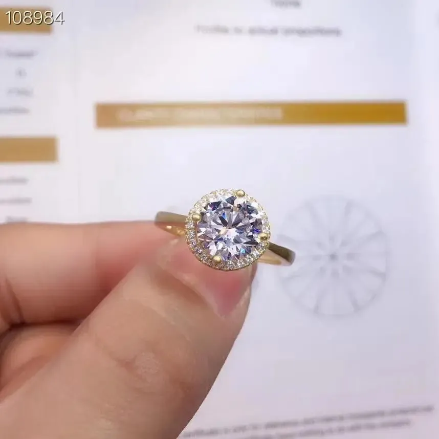 Resizable Yellow Gold Plated Silver Halo Moissanite Ring 2ct