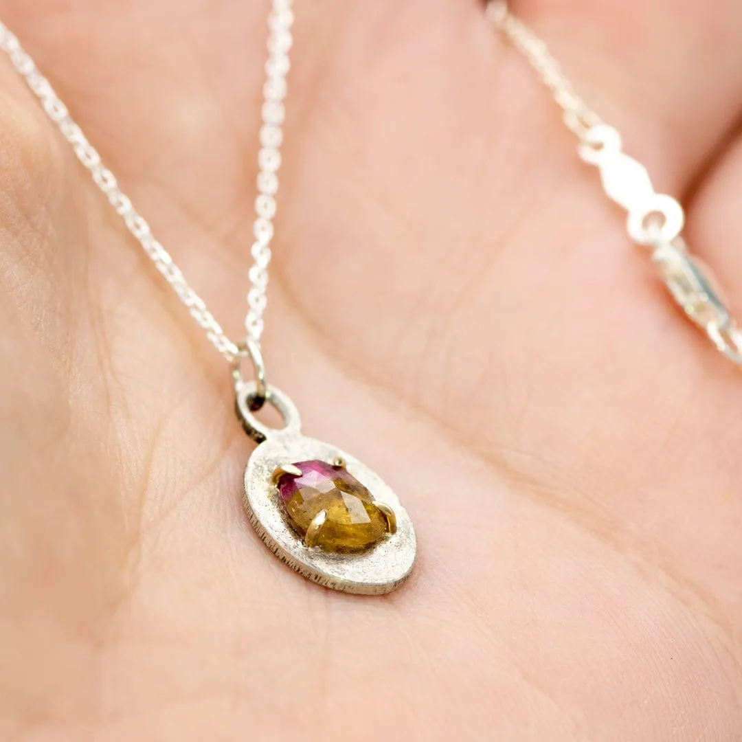 Rose cut Pink/Olive Tourmaline Charm Pendant Necklace in Sterling Silver and 14k gold , Ready to ship