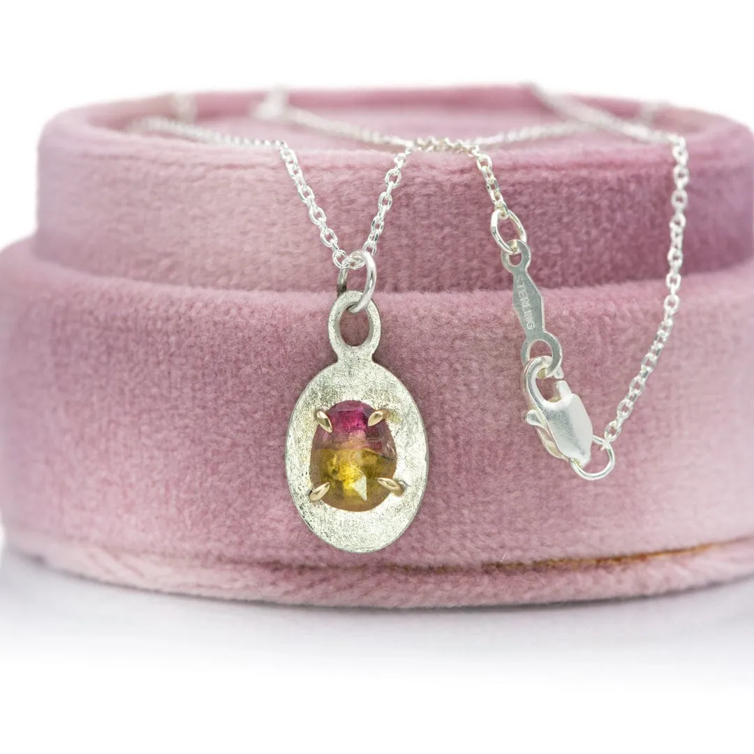 Rose cut Pink/Olive Tourmaline Charm Pendant Necklace in Sterling Silver and 14k gold , Ready to ship