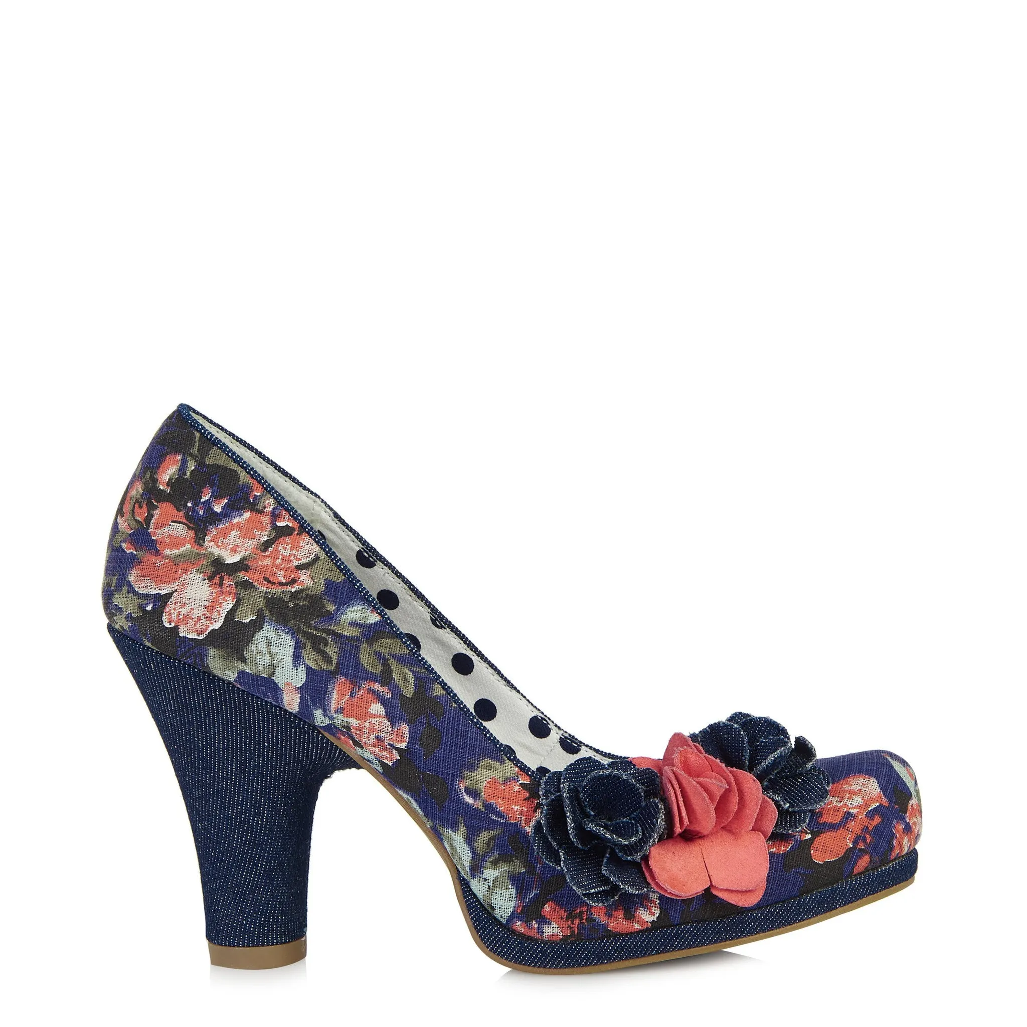 Ruby Shoo Eva Denim Blue and Pink Floral Court Shoe