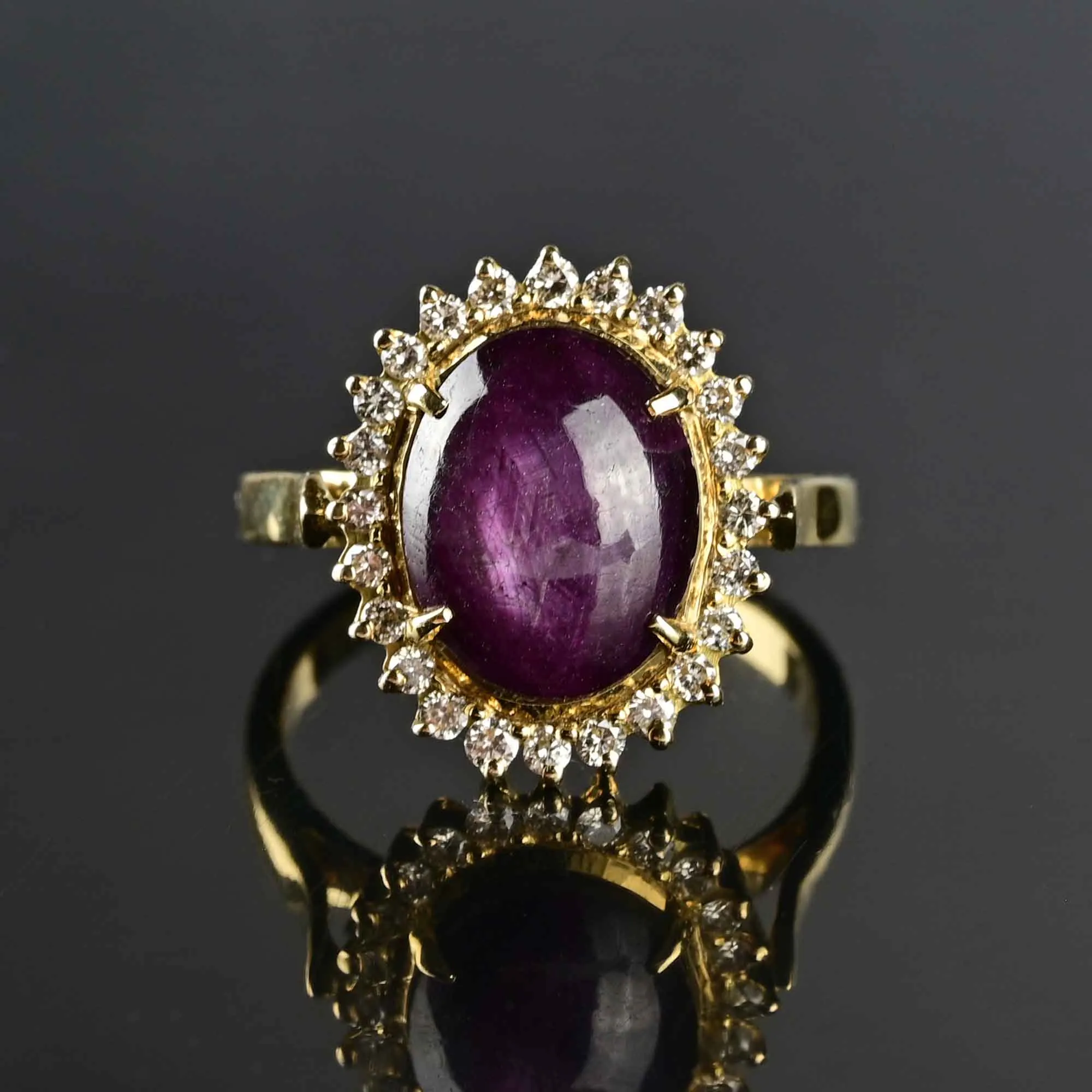 Ruby Star Sapphire Diamond Halo Ring in 18K Gold