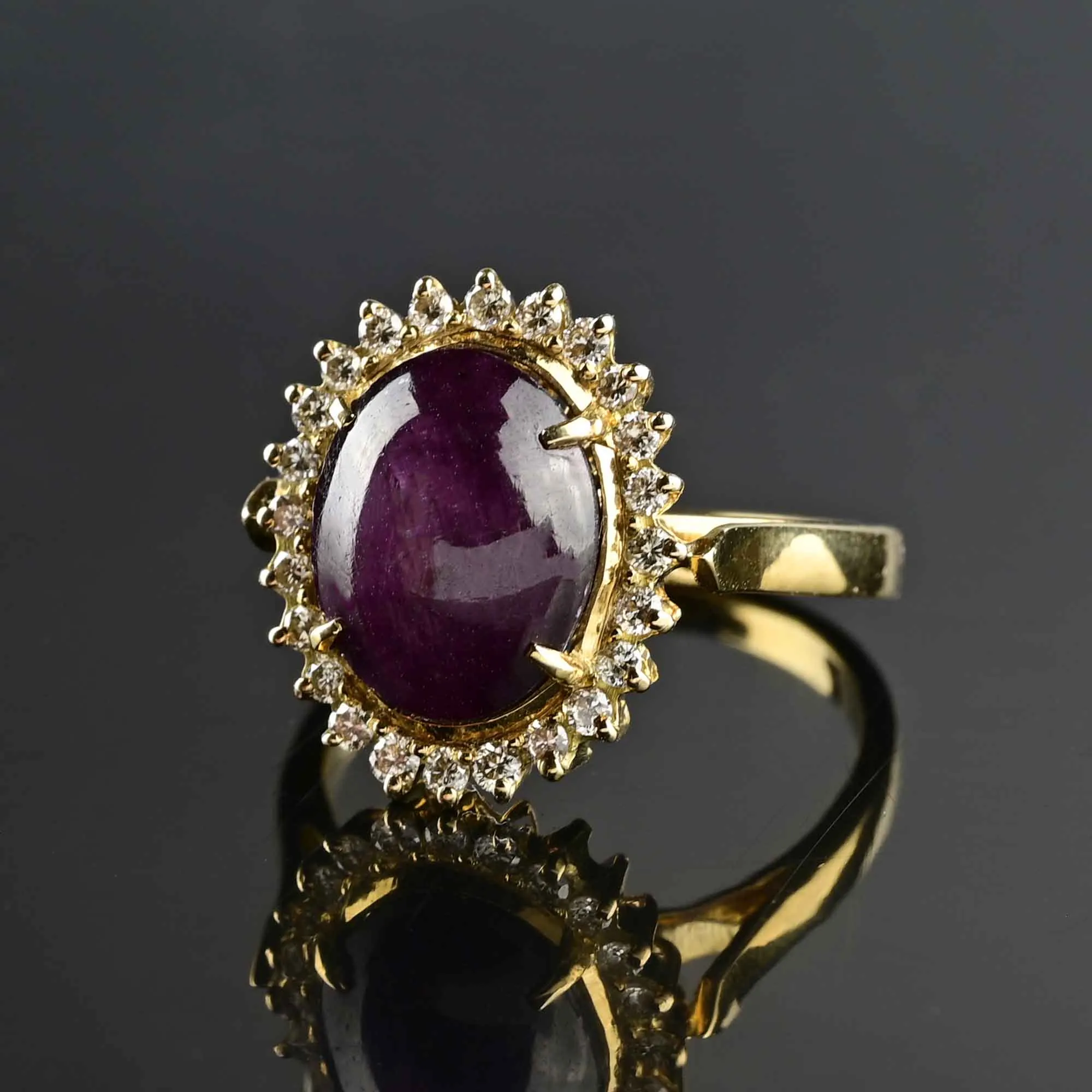 Ruby Star Sapphire Diamond Halo Ring in 18K Gold