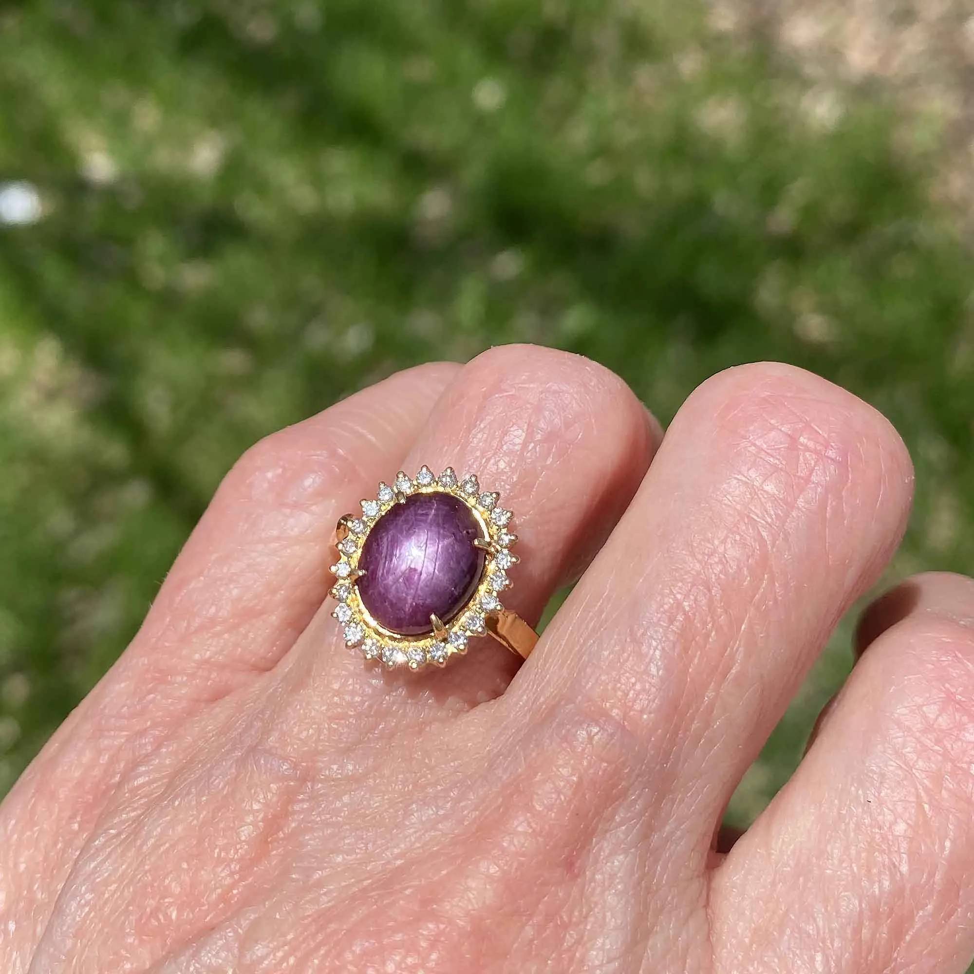 Ruby Star Sapphire Diamond Halo Ring in 18K Gold