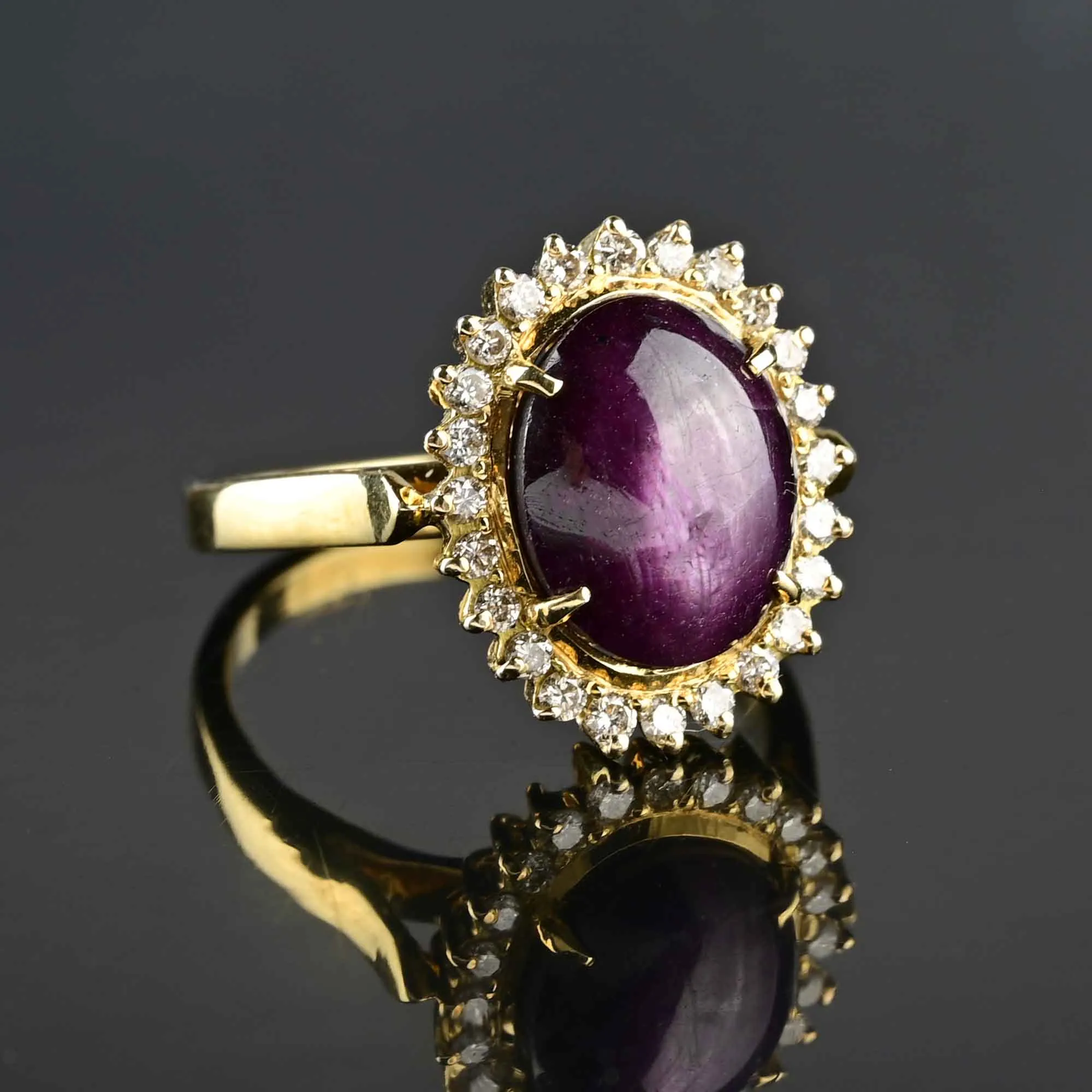 Ruby Star Sapphire Diamond Halo Ring in 18K Gold