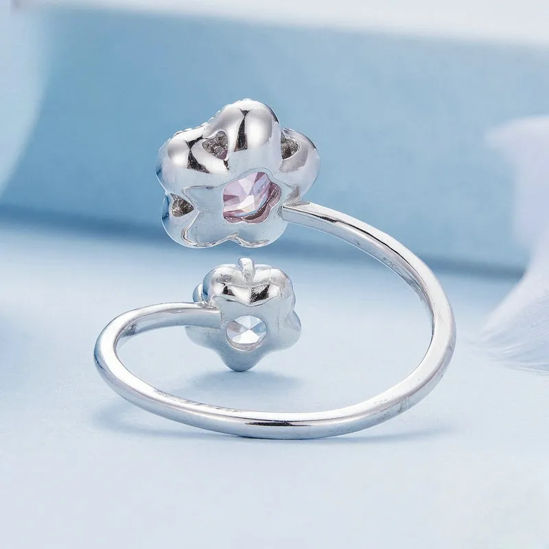 s925 Sterling Silver Pink Flower Toi et Moi Ring