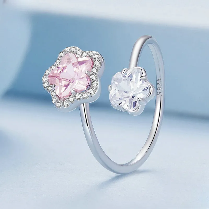 s925 Sterling Silver Pink Flower Toi et Moi Ring