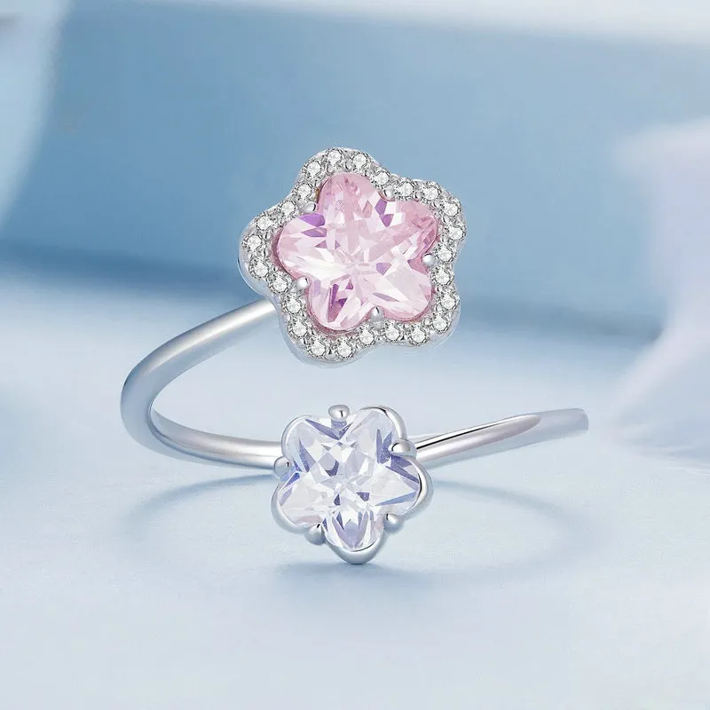 s925 Sterling Silver Pink Flower Toi et Moi Ring