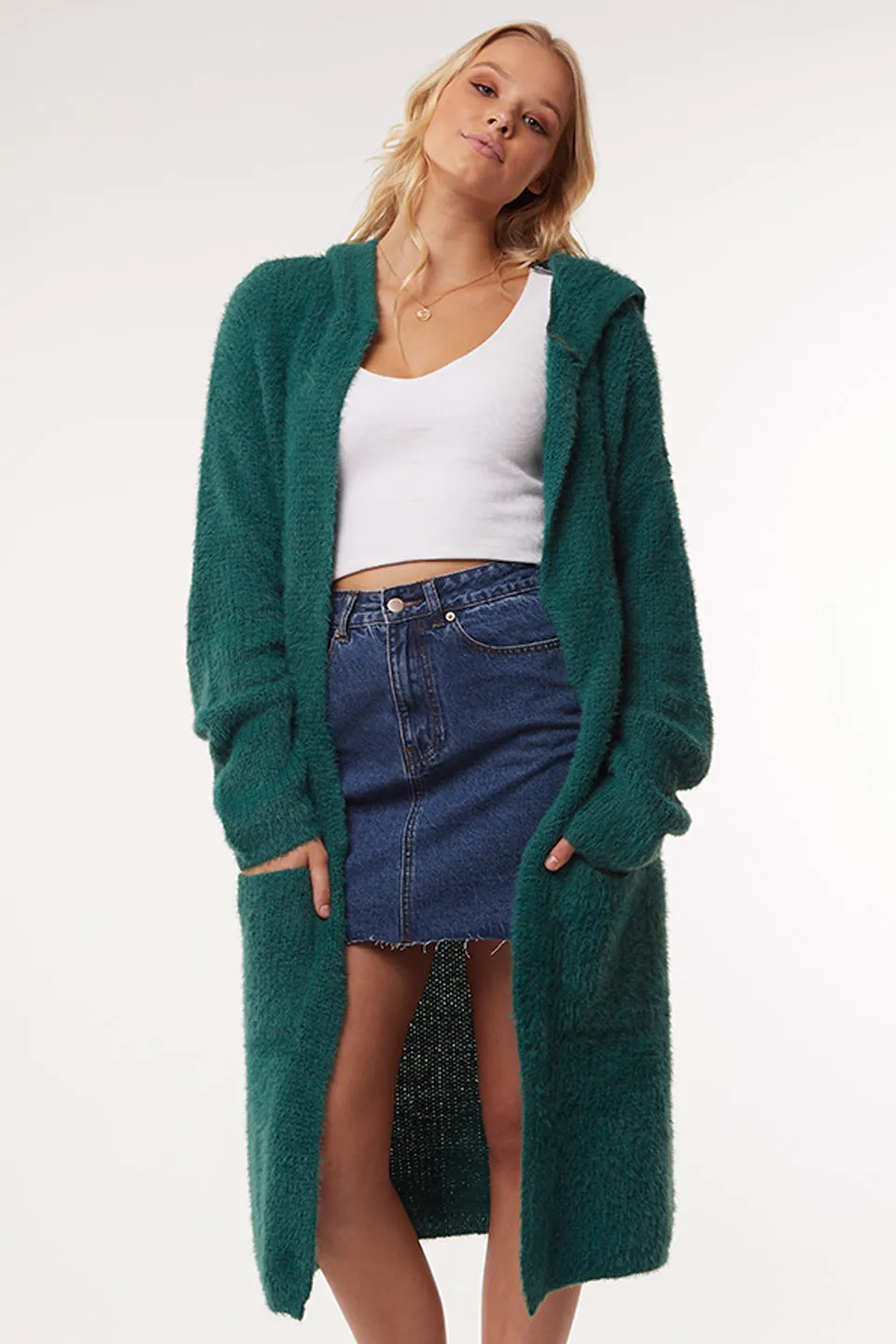 Sadi LS Teal Fluffy Knit Hood Cardi