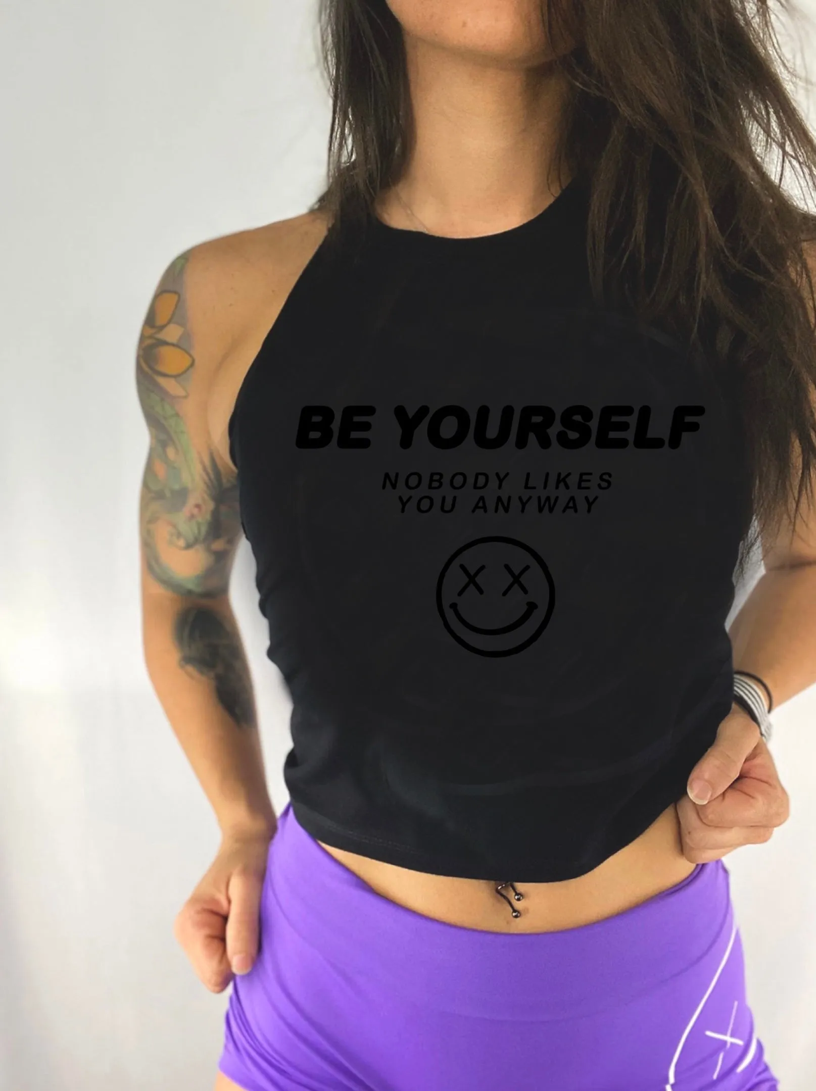 Salty Savage Ladies "Be Yourself" Flowy Crop Tank | Black on Black