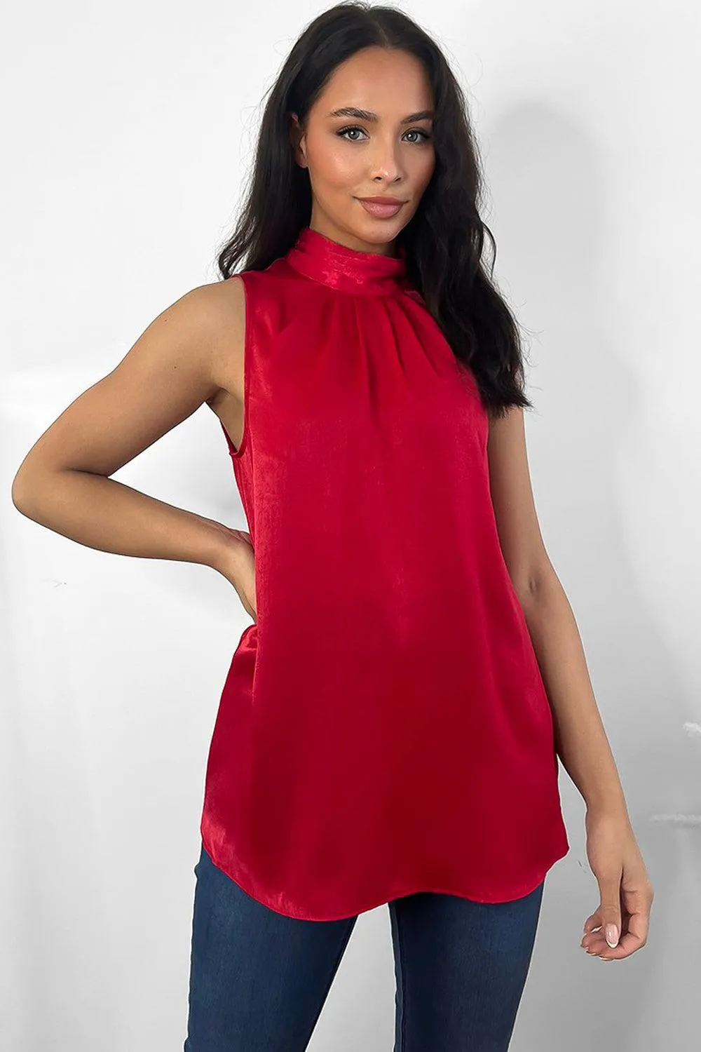 Satin High Neck Sleeveless Blouse