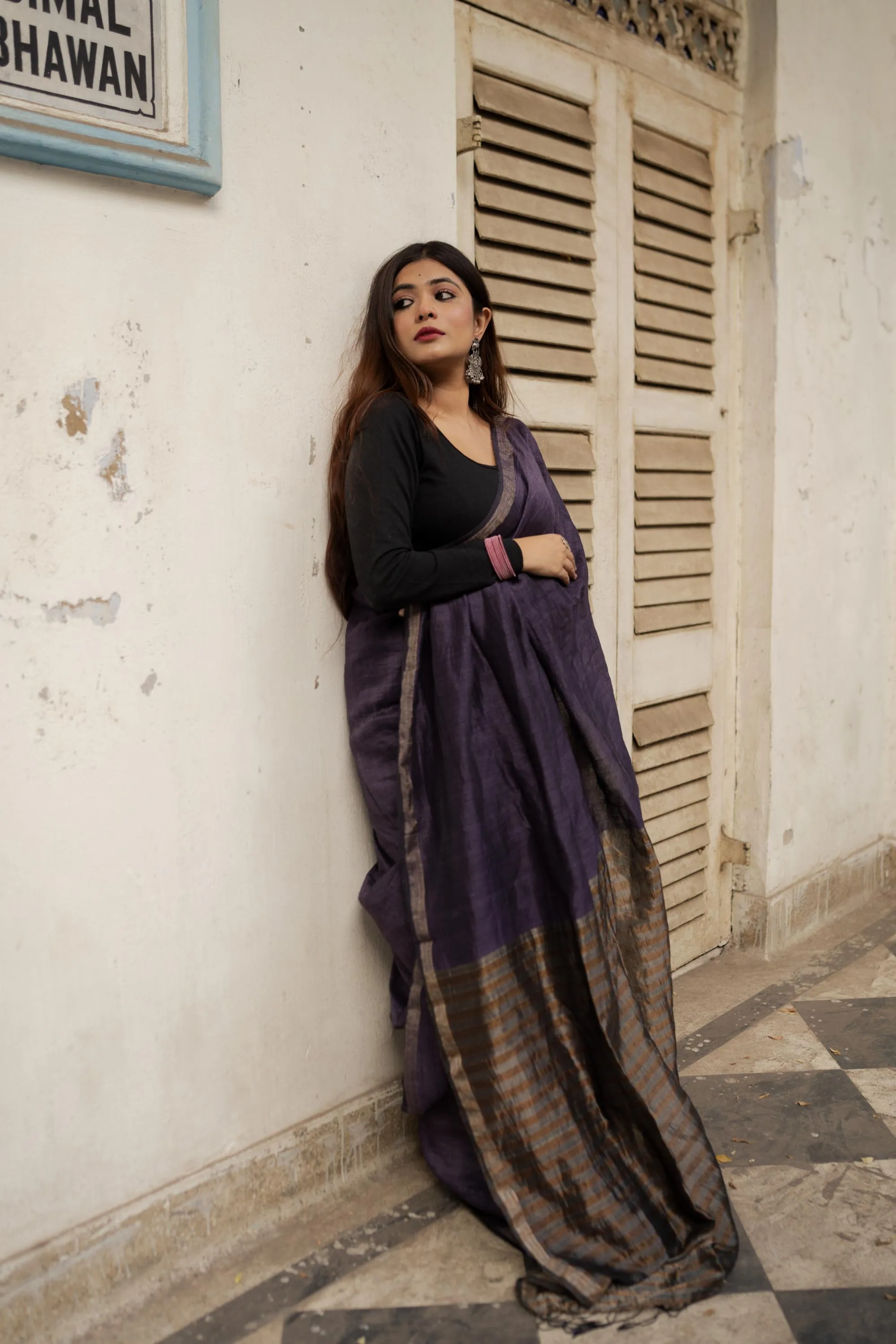 Sitara - Purple  Linen by cotton zari  saree