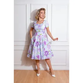 Sky Blue And Purple Floral Short Sleeve 50s Swing Dress