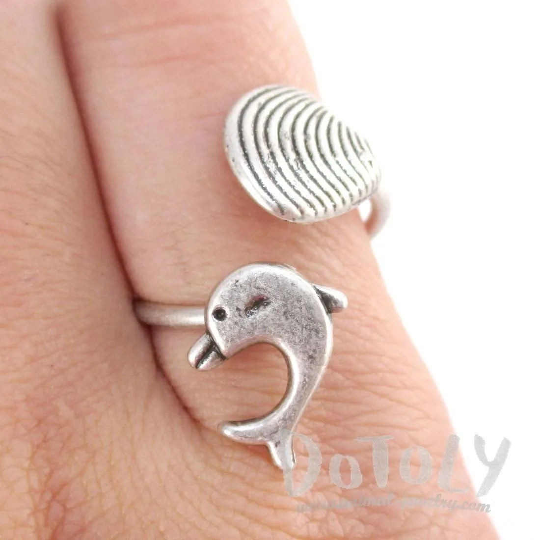 Small Dolphin and Seashell Adjustable Wire Wrap Ring in Silver