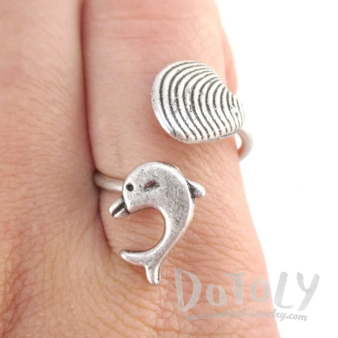 Small Dolphin and Seashell Adjustable Wire Wrap Ring in Silver