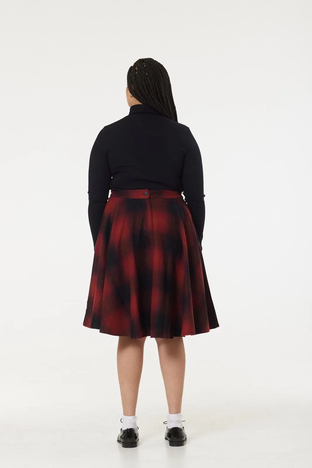 Sophie Red & Black Woollen Check Tartan Midi Swing Skirt