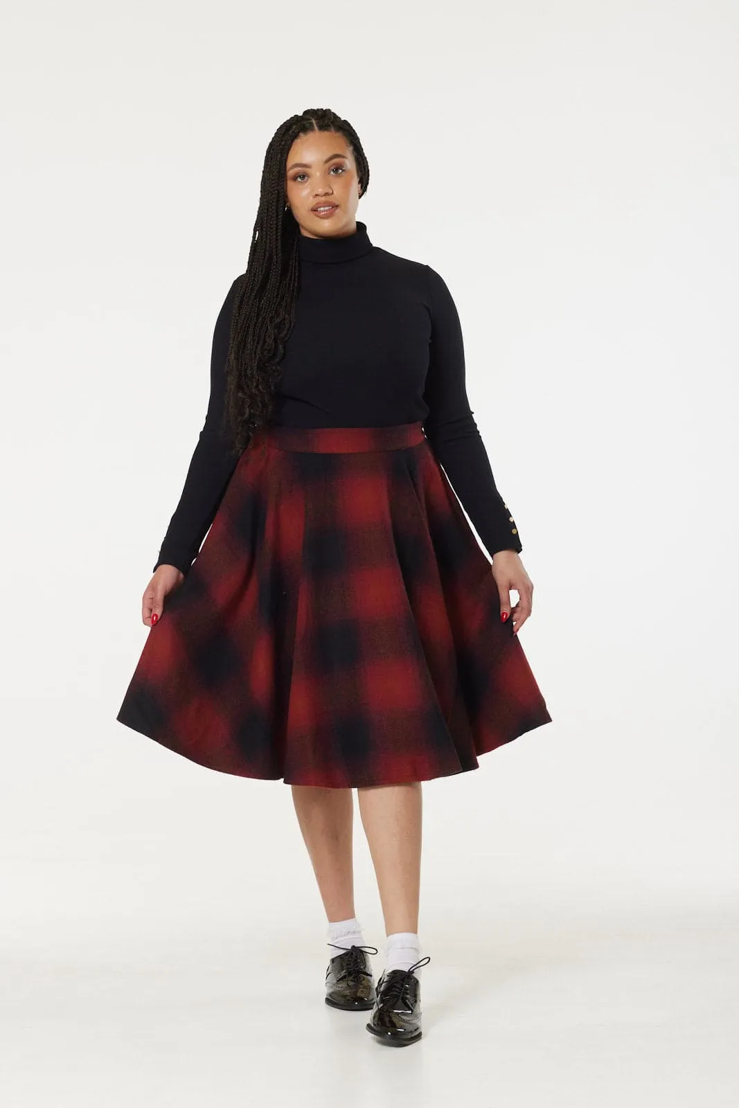 Sophie Red & Black Woollen Check Tartan Midi Swing Skirt