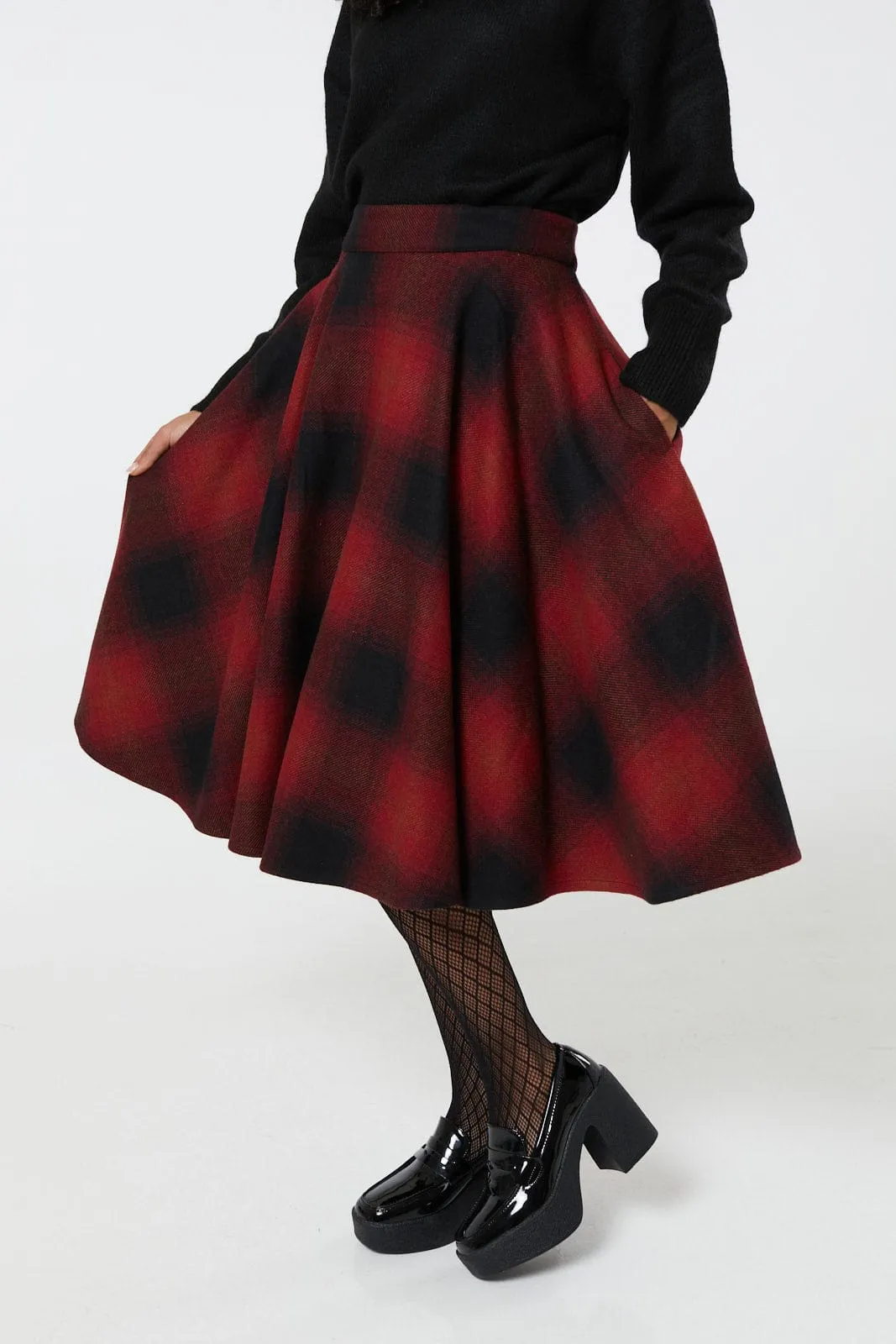 Sophie Red & Black Woollen Check Tartan Midi Swing Skirt