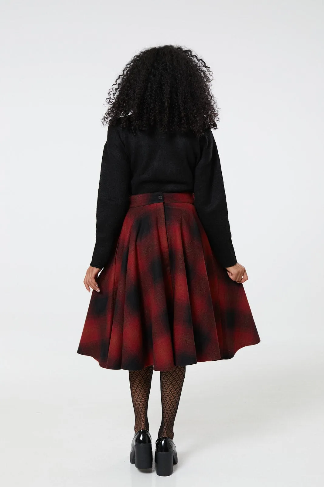 Sophie Red & Black Woollen Check Tartan Midi Swing Skirt