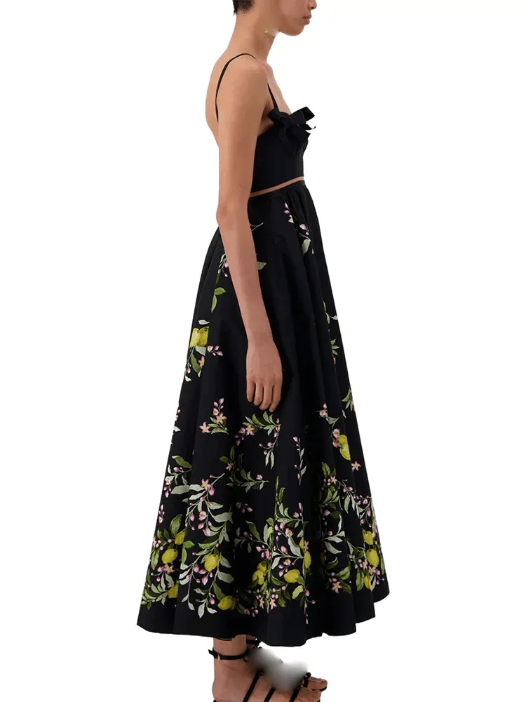 Square Collar Sleeveless Top & Floral Long Skirt Set