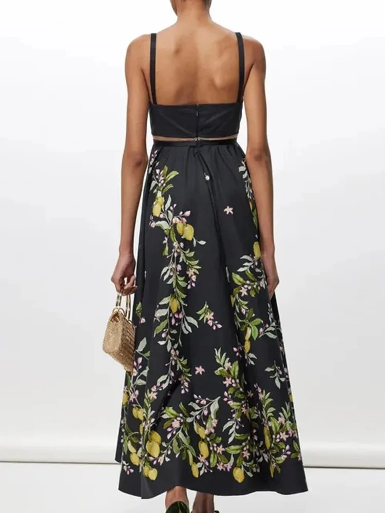 Square Collar Sleeveless Top & Floral Long Skirt Set