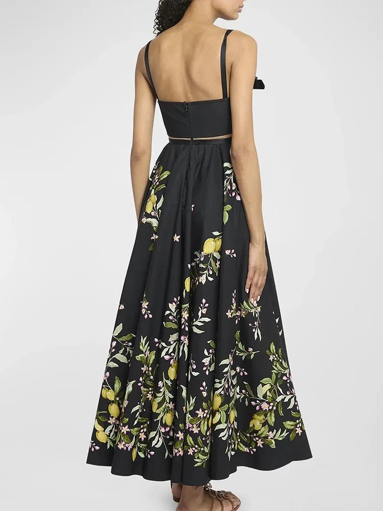 Square Collar Sleeveless Top & Floral Long Skirt Set