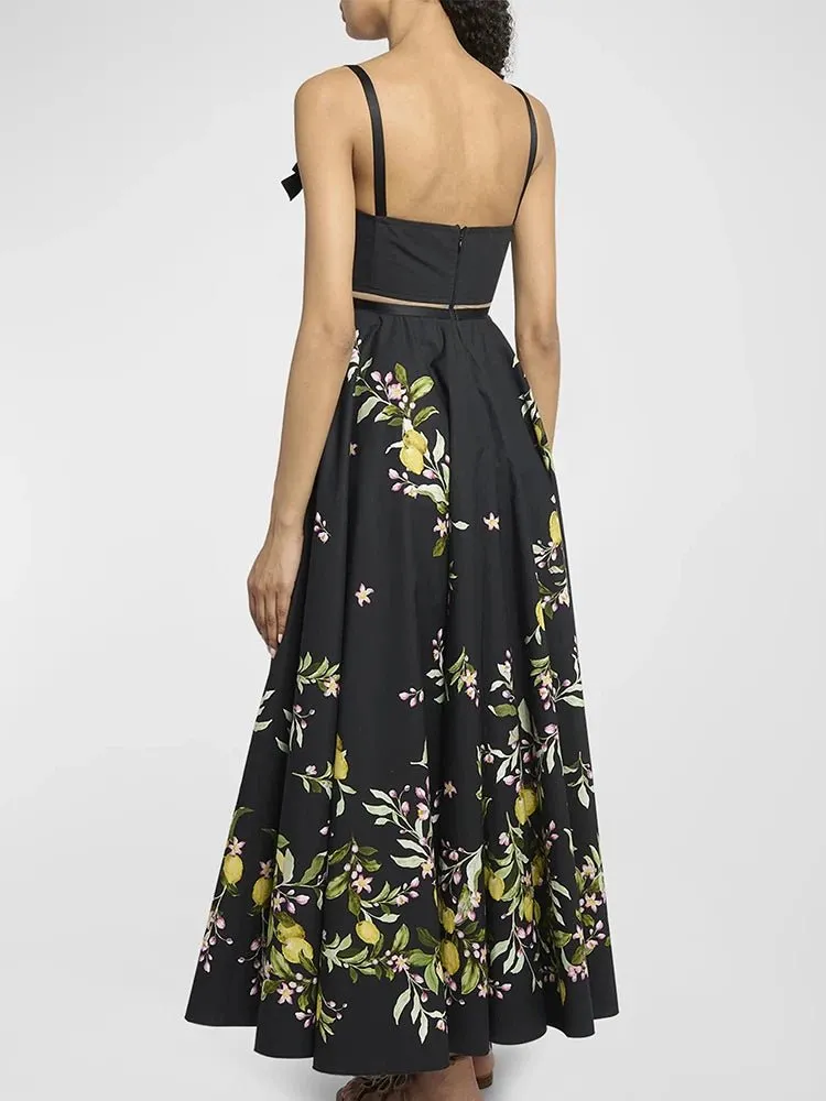 Square Collar Sleeveless Top & Floral Long Skirt Set