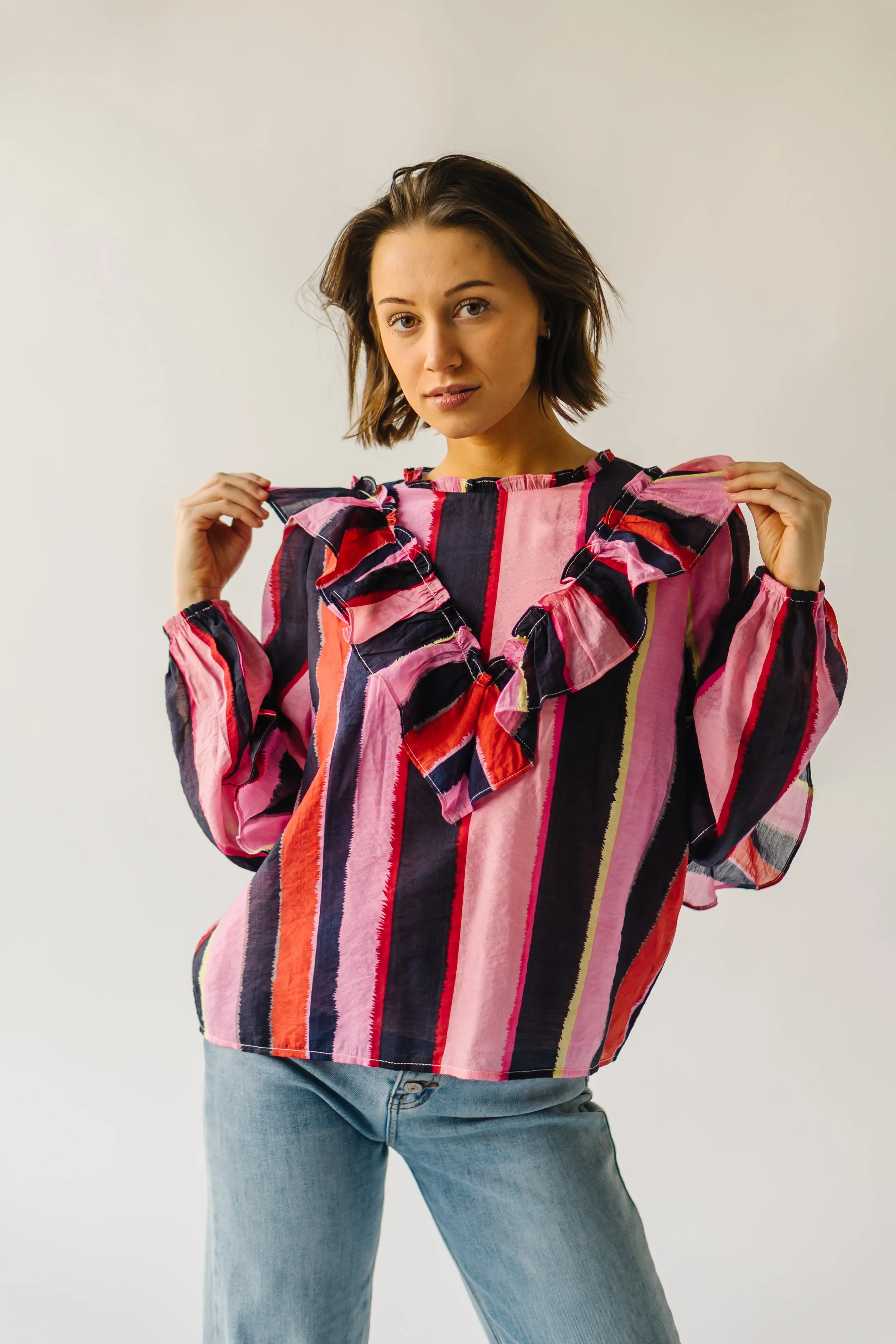 The Belterra Ruffle Detail Blouse in Pink Stripe