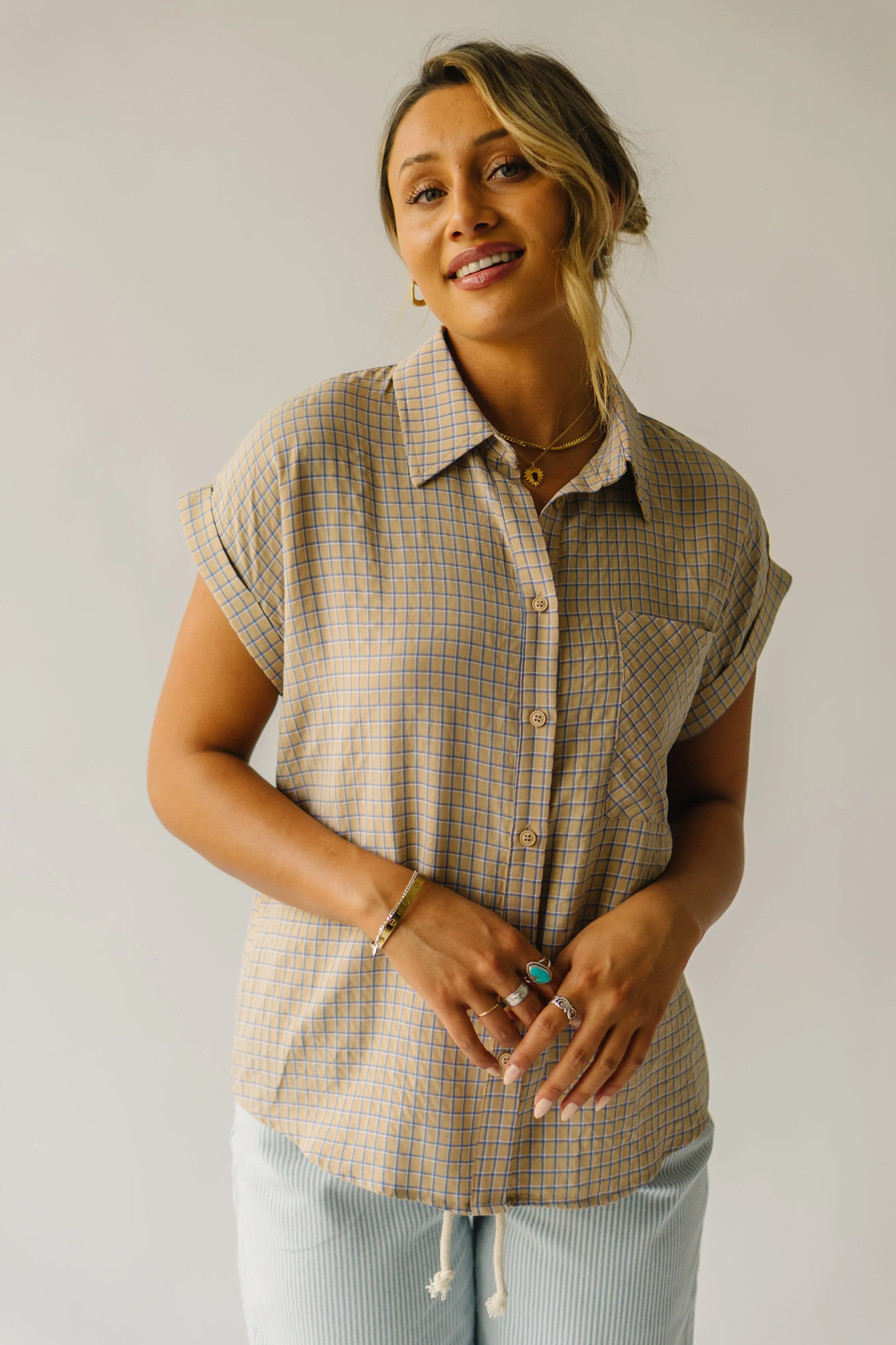 The Fitzroy Gingham Button-Up Blouse in Khaki