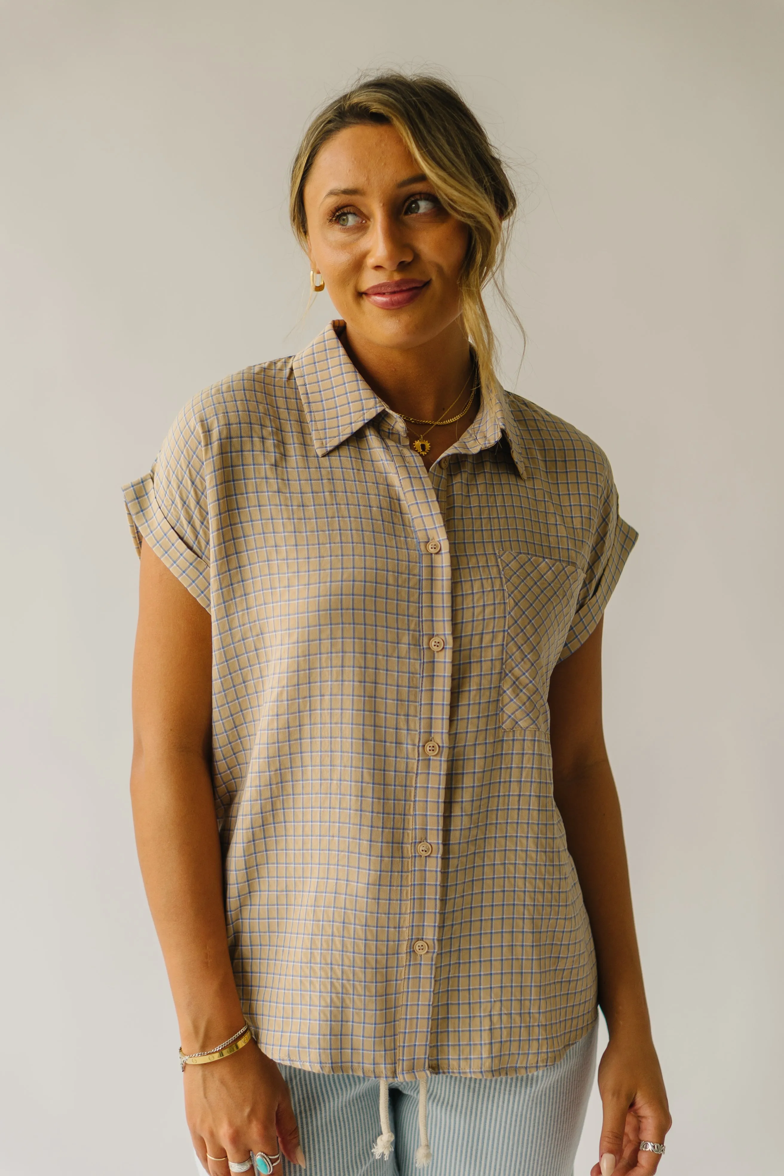 The Fitzroy Gingham Button-Up Blouse in Khaki