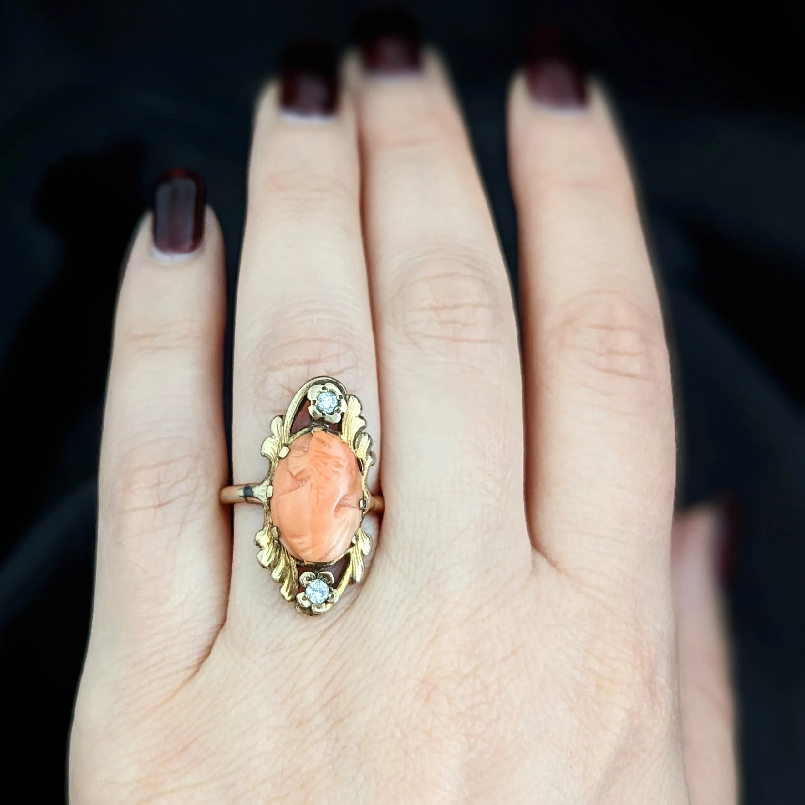 The Raleigh - 1942 Coral Diamond 14k Gold Cameo Cocktail Ring