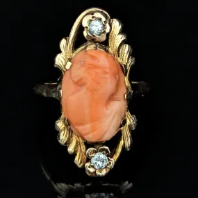 The Raleigh - 1942 Coral Diamond 14k Gold Cameo Cocktail Ring