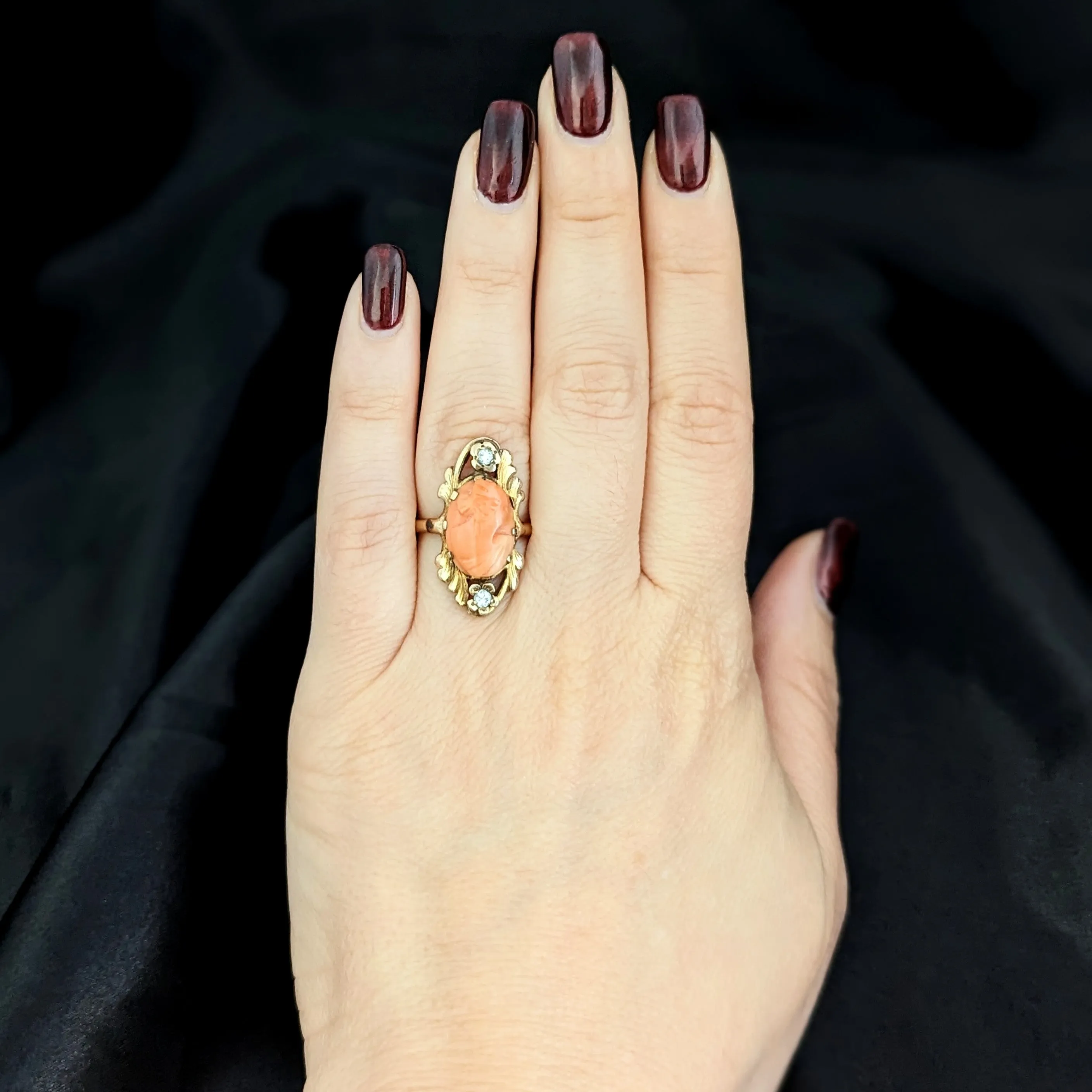 The Raleigh - 1942 Coral Diamond 14k Gold Cameo Cocktail Ring