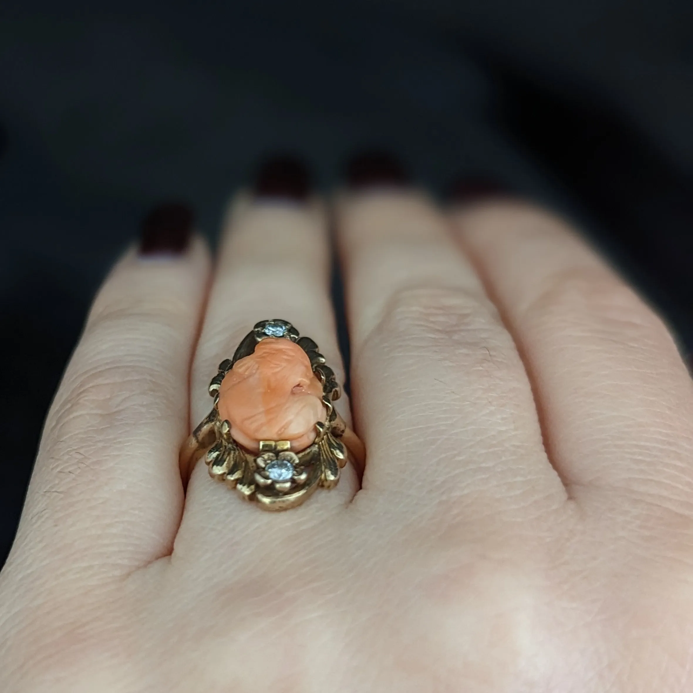 The Raleigh - 1942 Coral Diamond 14k Gold Cameo Cocktail Ring