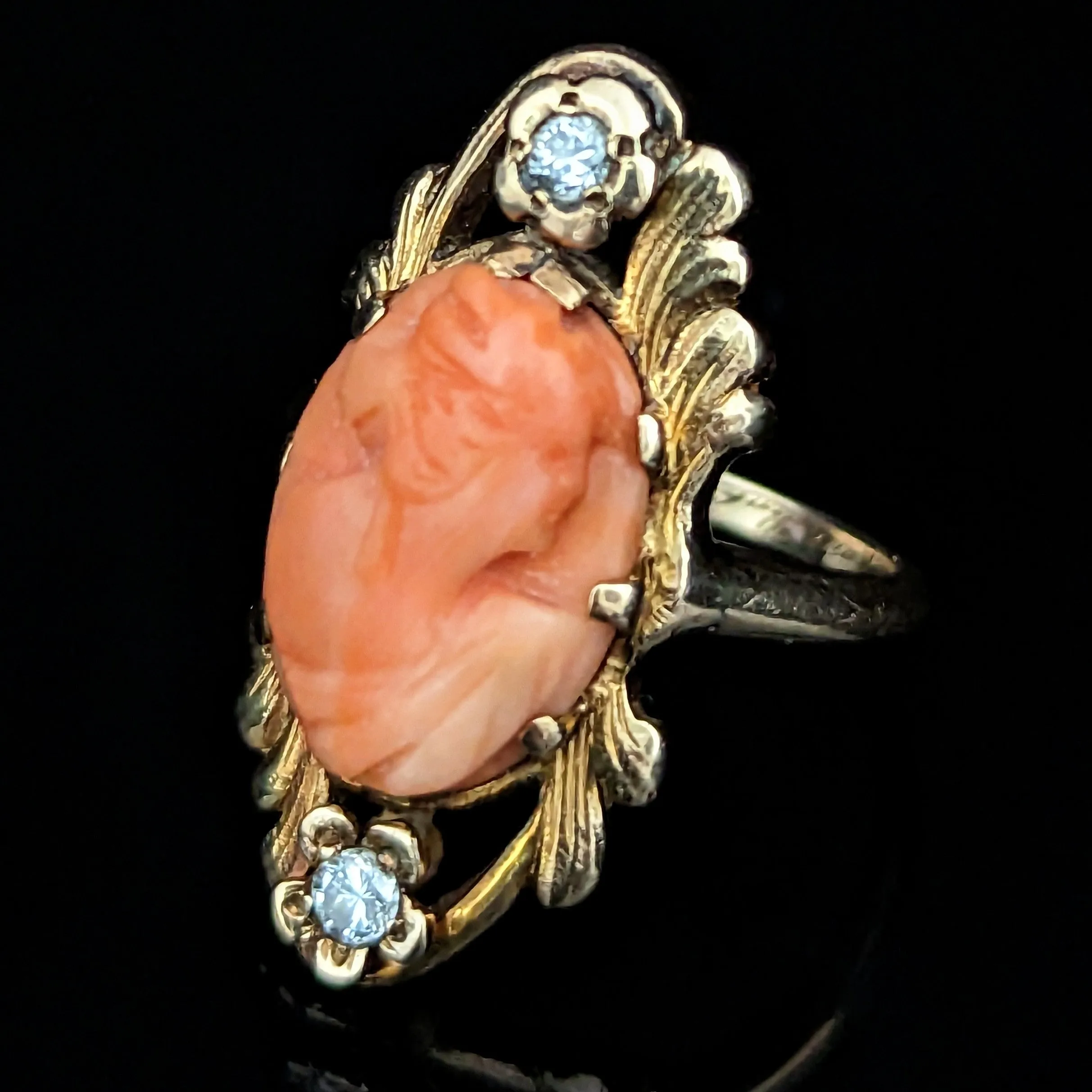 The Raleigh - 1942 Coral Diamond 14k Gold Cameo Cocktail Ring