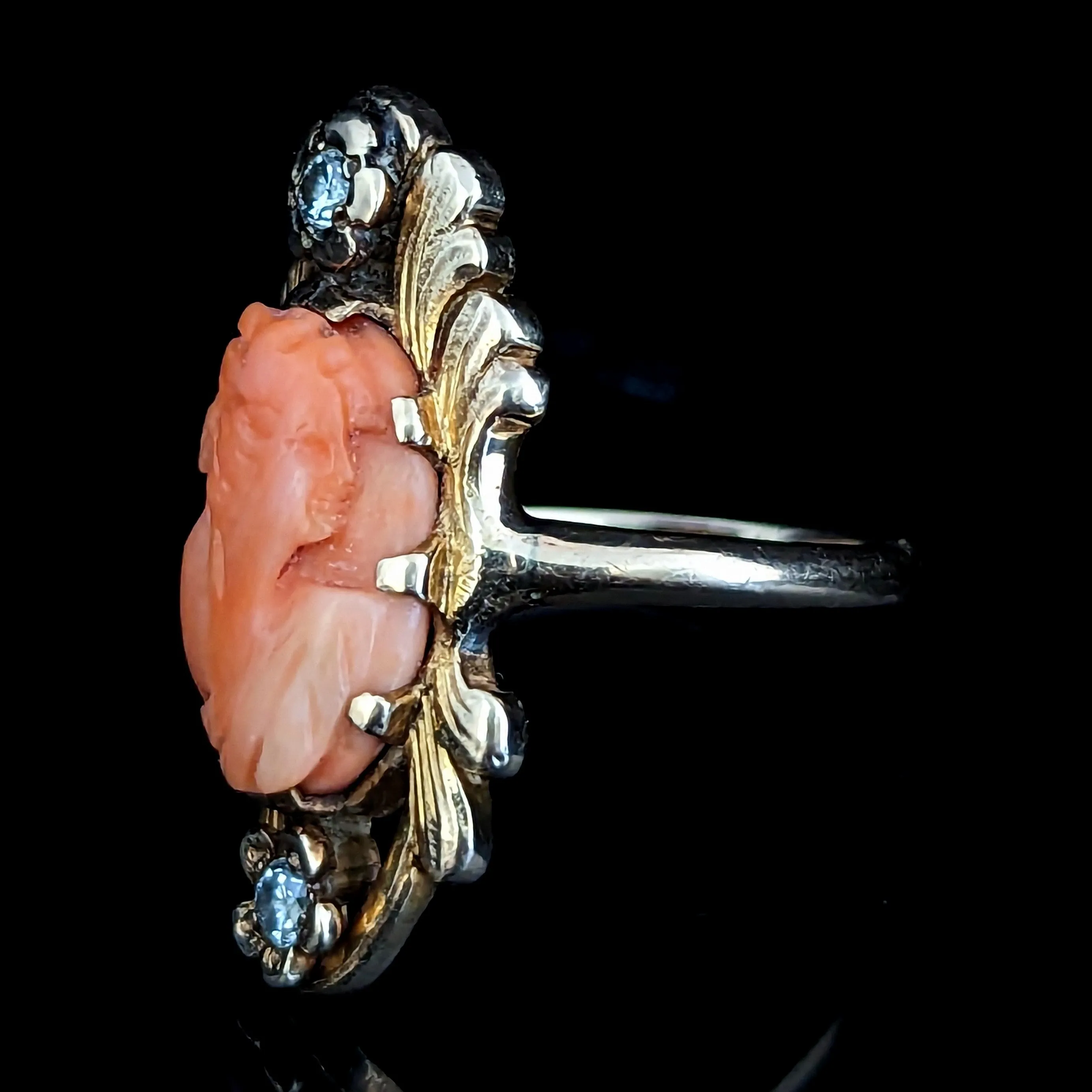 The Raleigh - 1942 Coral Diamond 14k Gold Cameo Cocktail Ring