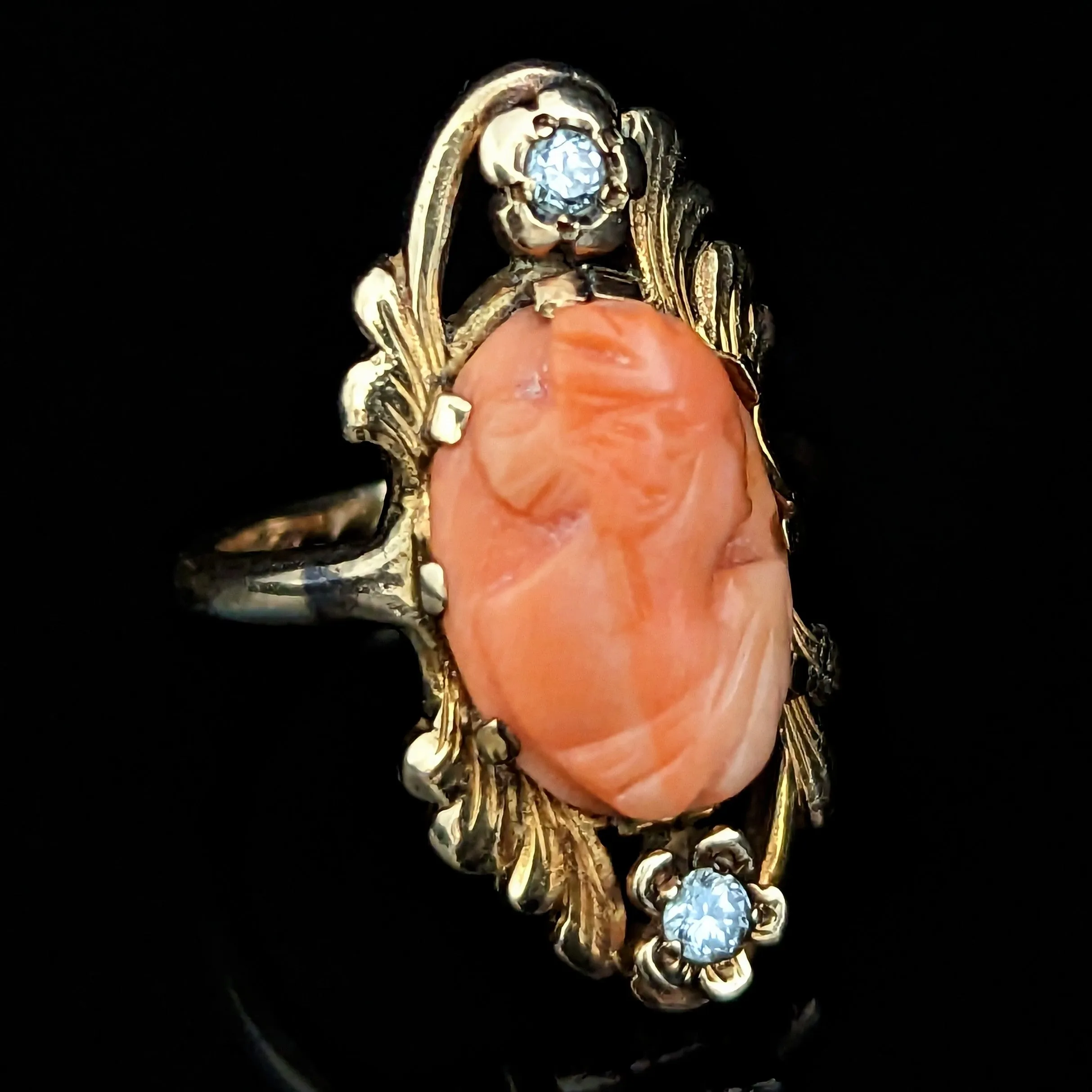 The Raleigh - 1942 Coral Diamond 14k Gold Cameo Cocktail Ring